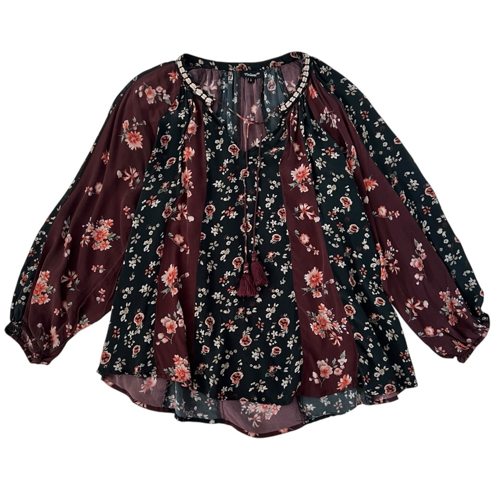 Tolani Black Maroon‎ Colorblock Floral Peasant Bohemian Blouse Top SZ L
